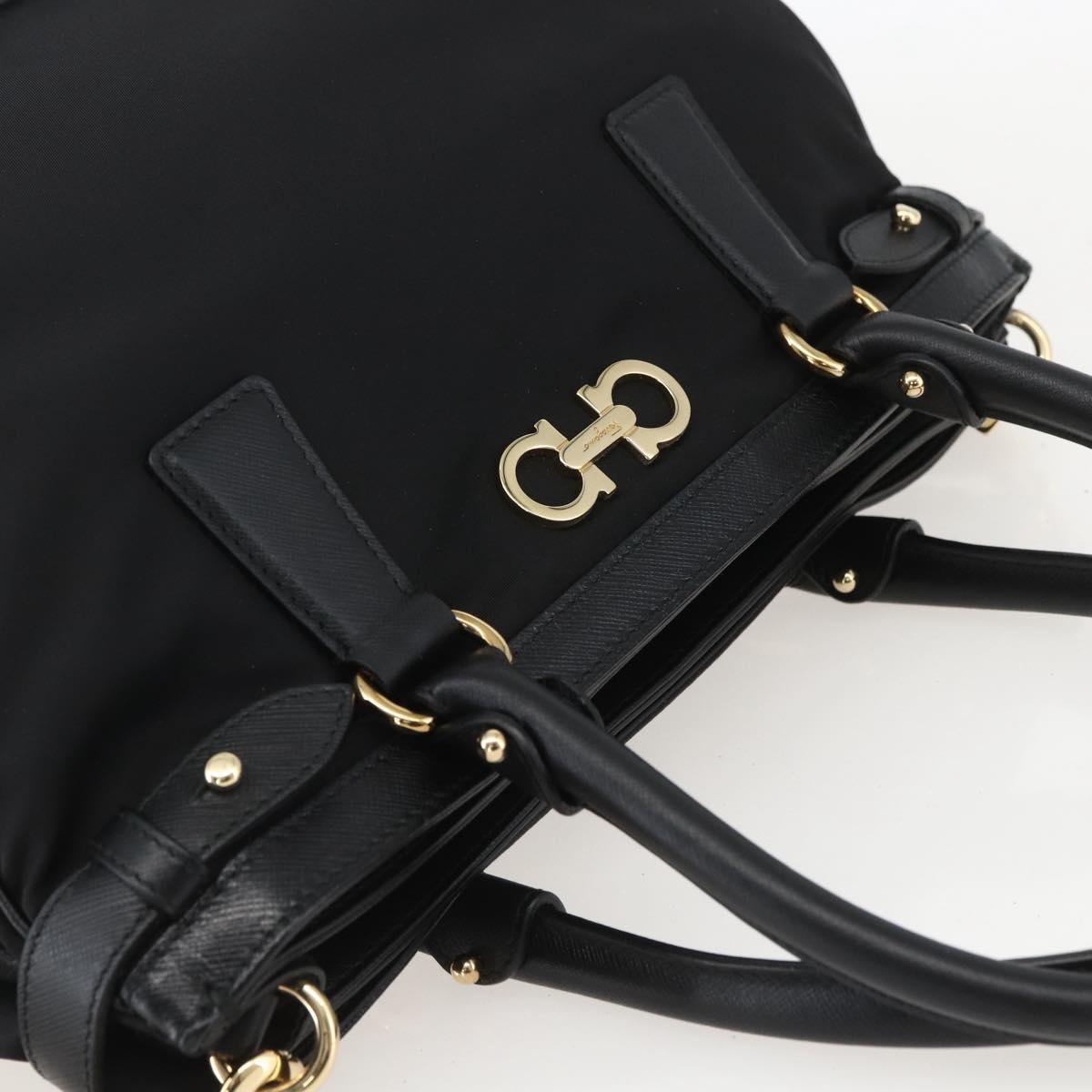 Salvatore Ferragamo Gancini Hand Bag Nylon Leather 2way Black Gold Auth am10197V