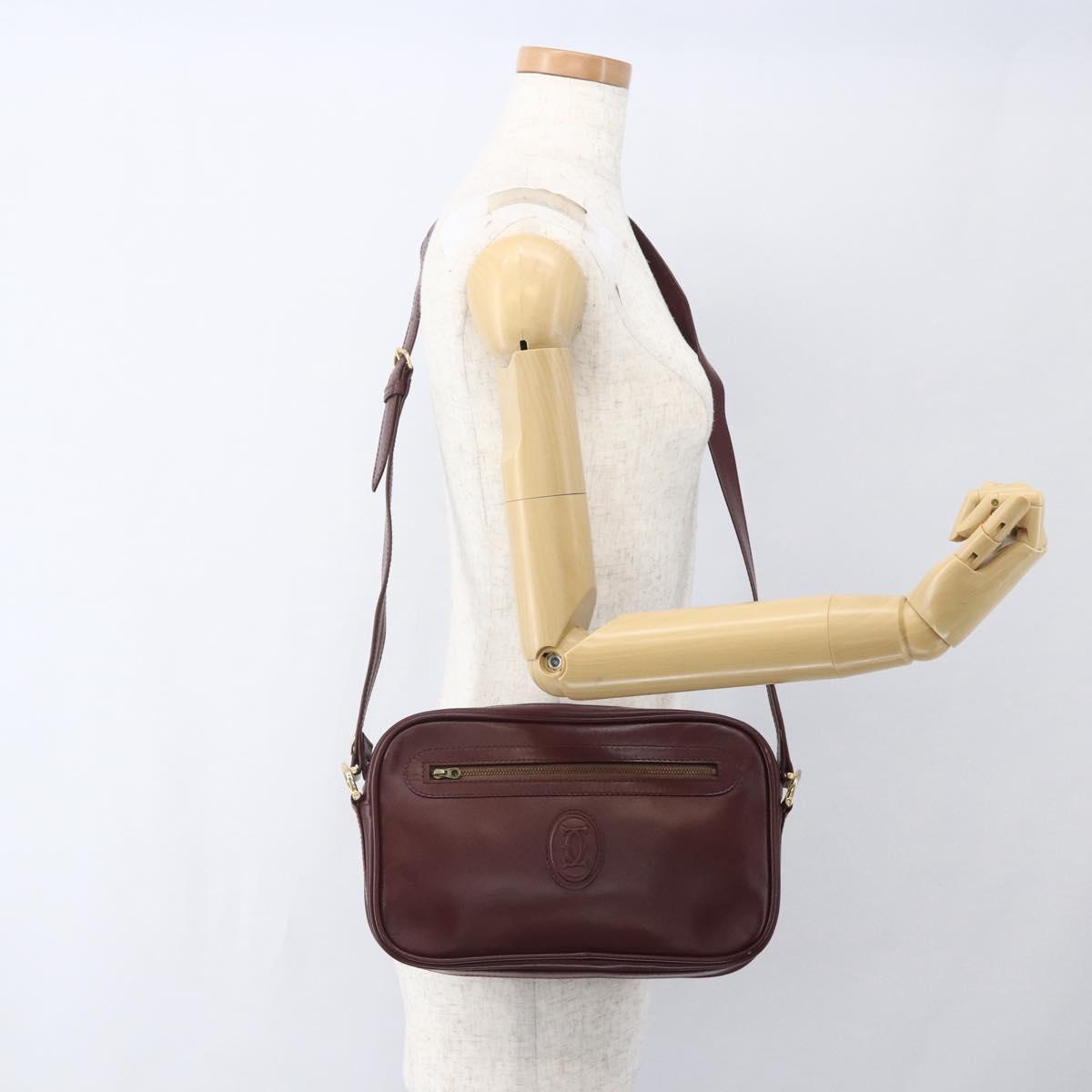 CARTIER Must Line Shoulder Bag Leather Bordeaux Gold Auth am10220