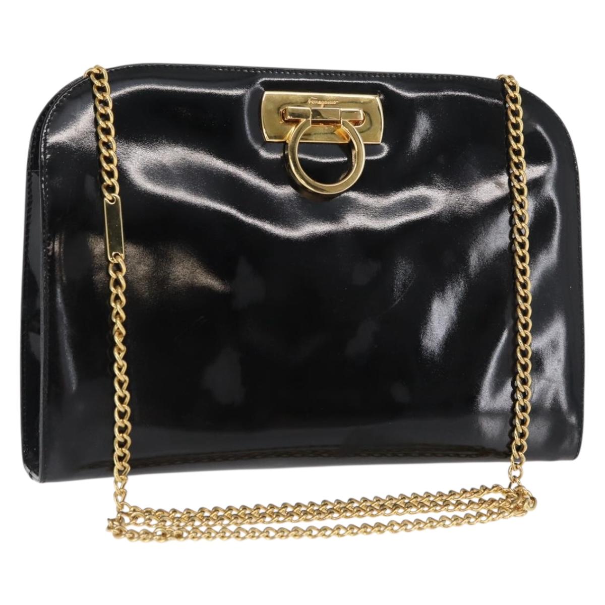 Salvatore Ferragamo Chain Gancini Shoulder Bag Enamel Black Gold Auth am10237