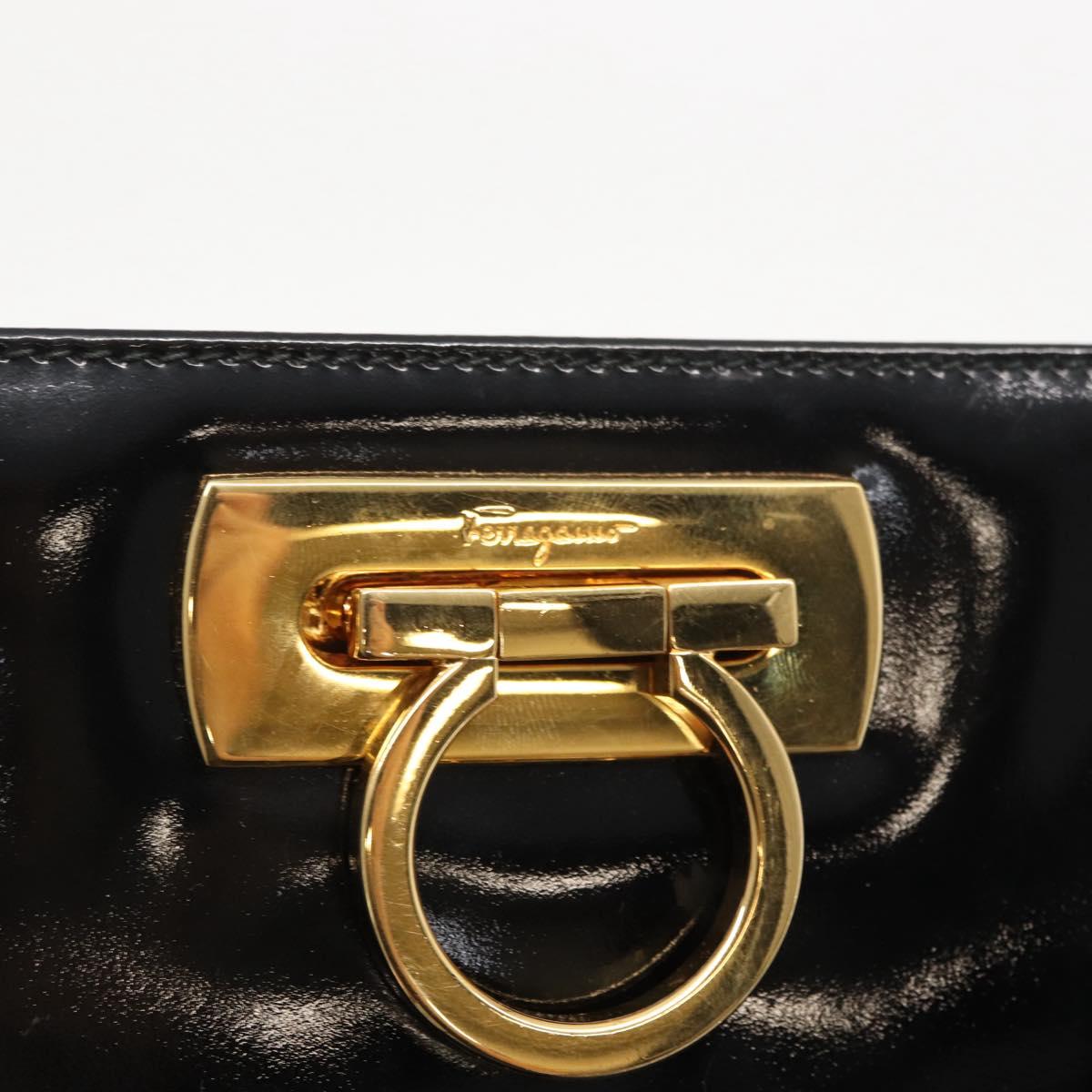 Salvatore Ferragamo Chain Gancini Shoulder Bag Enamel Black Gold Auth am10237