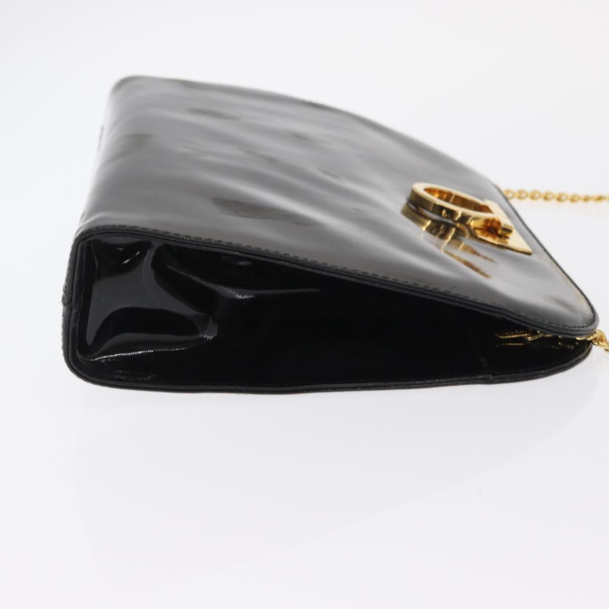 Salvatore Ferragamo Chain Gancini Shoulder Bag Enamel Black Gold Auth am10237