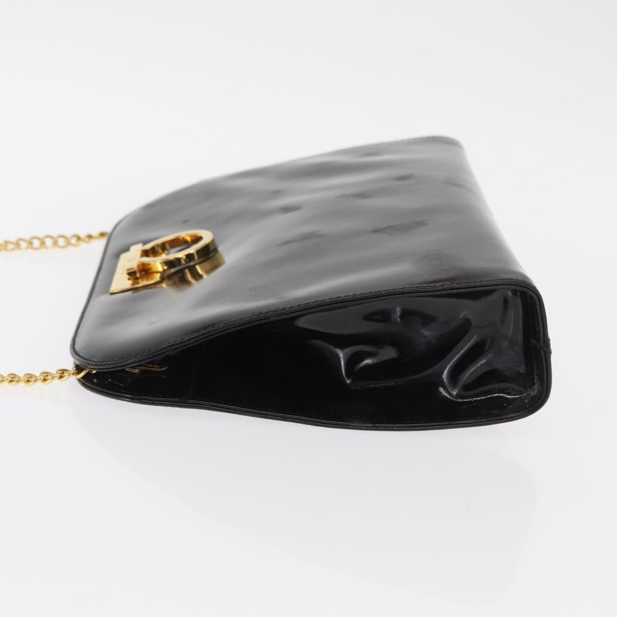Salvatore Ferragamo Chain Gancini Shoulder Bag Enamel Black Gold Auth am10237