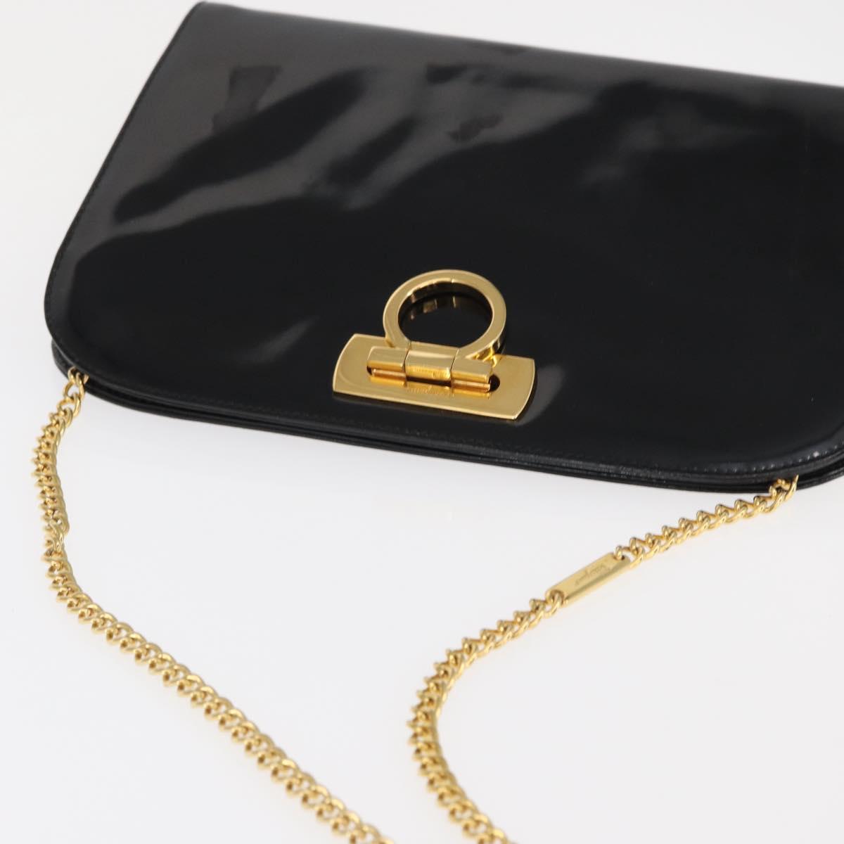 Salvatore Ferragamo Chain Gancini Shoulder Bag Enamel Black Gold Auth am10237