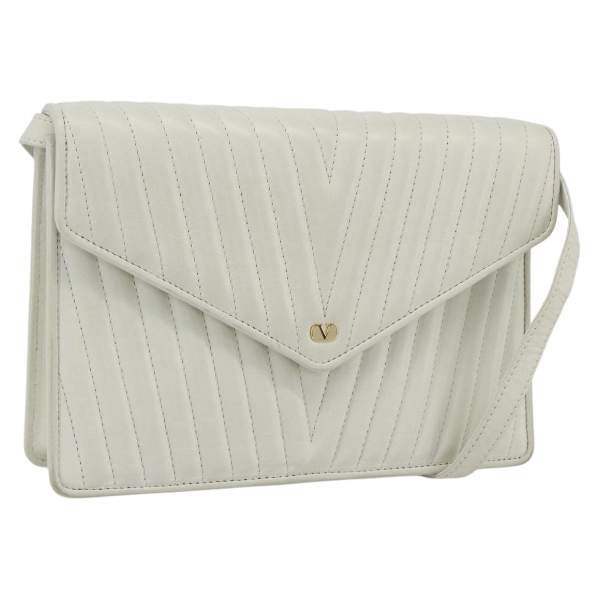 VALENTINO V stitch Shoulder Bag Leather White Gold Auth am10239