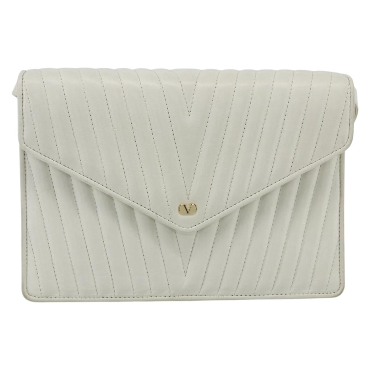 VALENTINO V stitch Shoulder Bag Leather White Gold Auth am10239