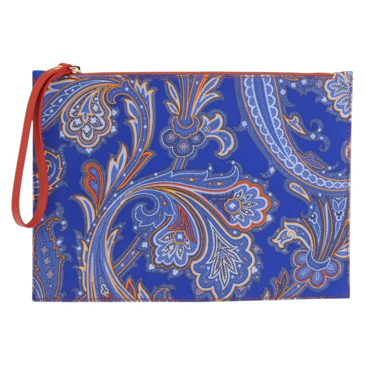 ETRO Paisley Clutch Bag Canvas Leather Blue Gold Auth am10247V