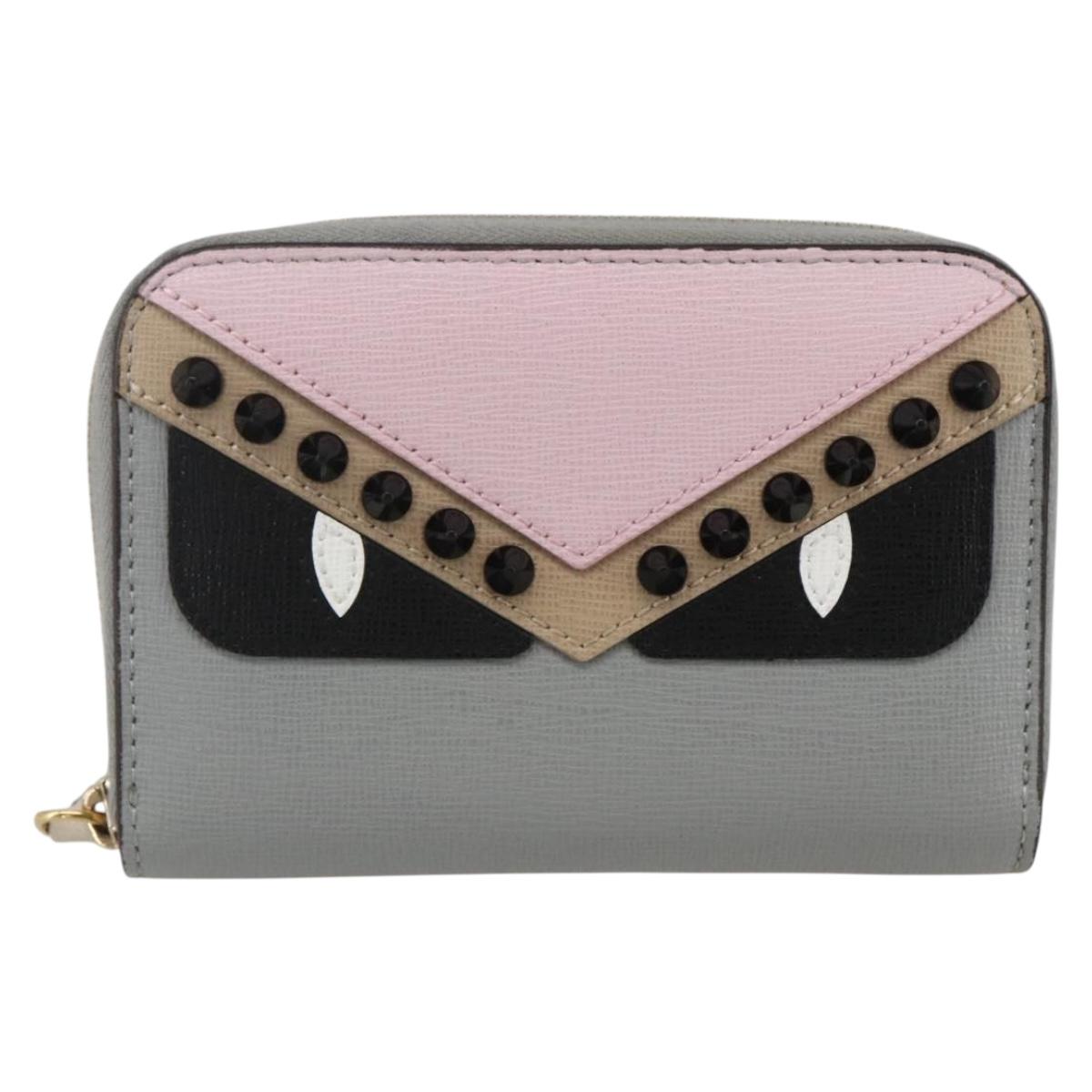 FENDI Coin Purse Leather Gray Gold Auth am10262V