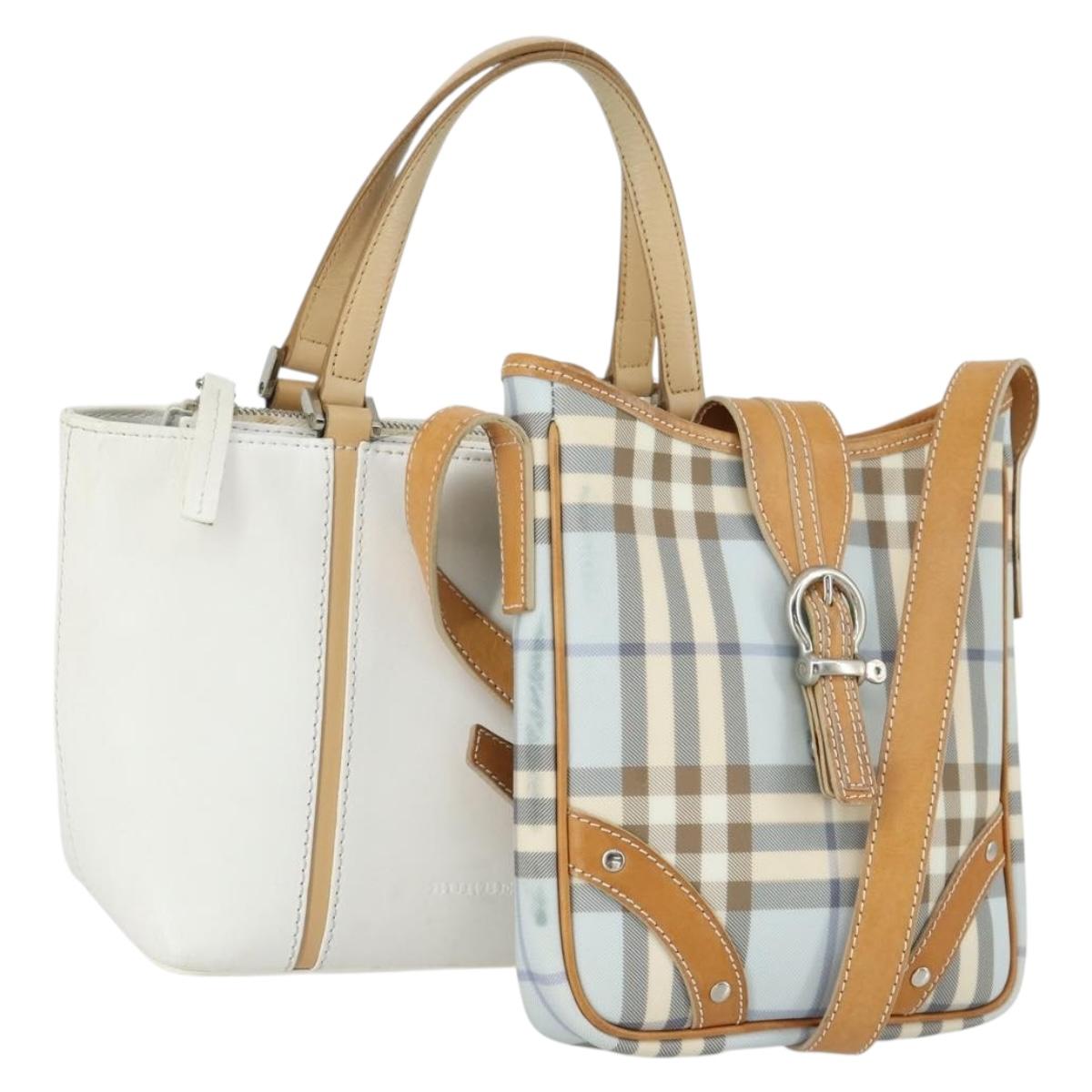 BURBERRY Nova Check Hand Bag Leather PVC 2 Set White Light Blue Auth am10287