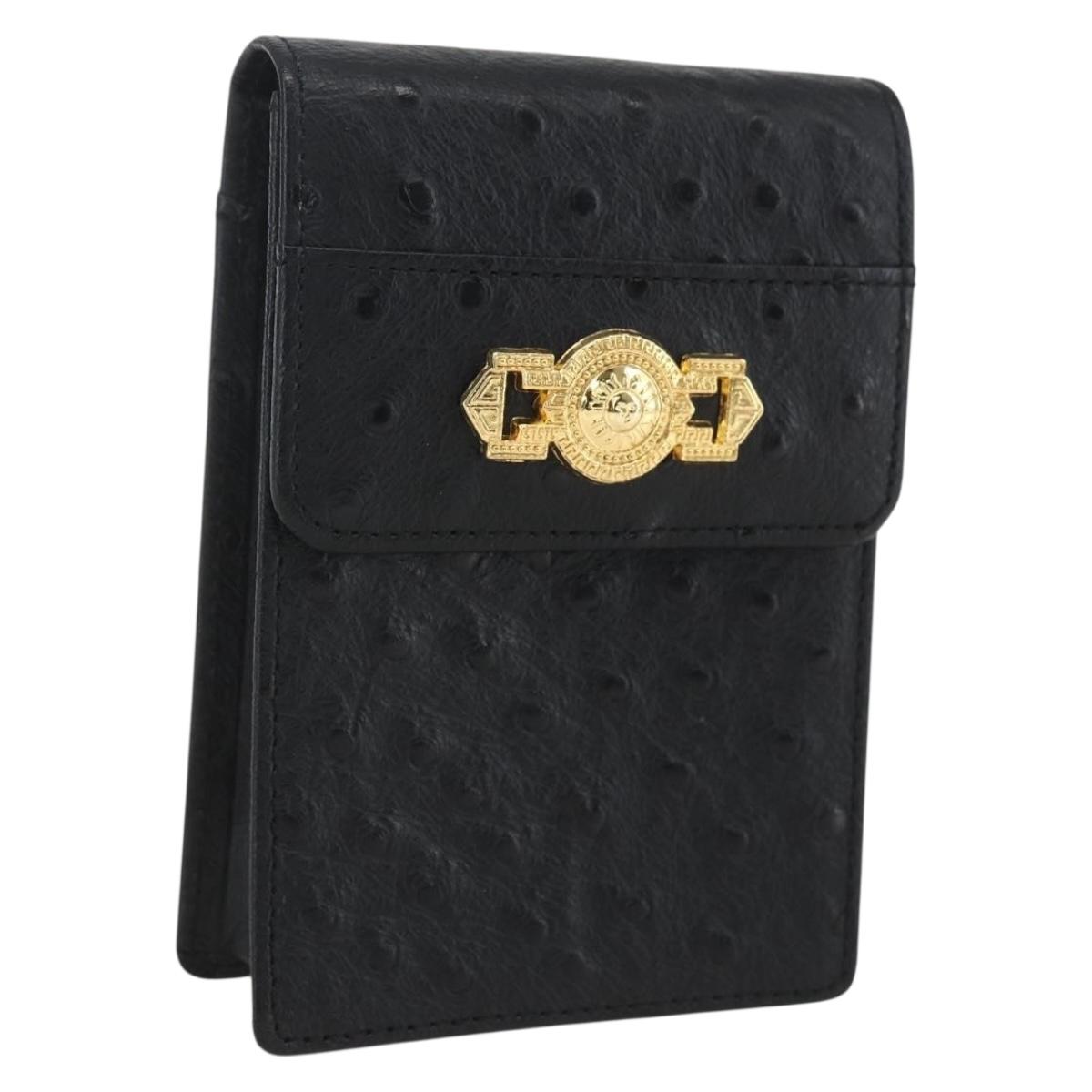 Gianni Versace sunbird Cigarette Case Leather Black Gold Auth am10291
