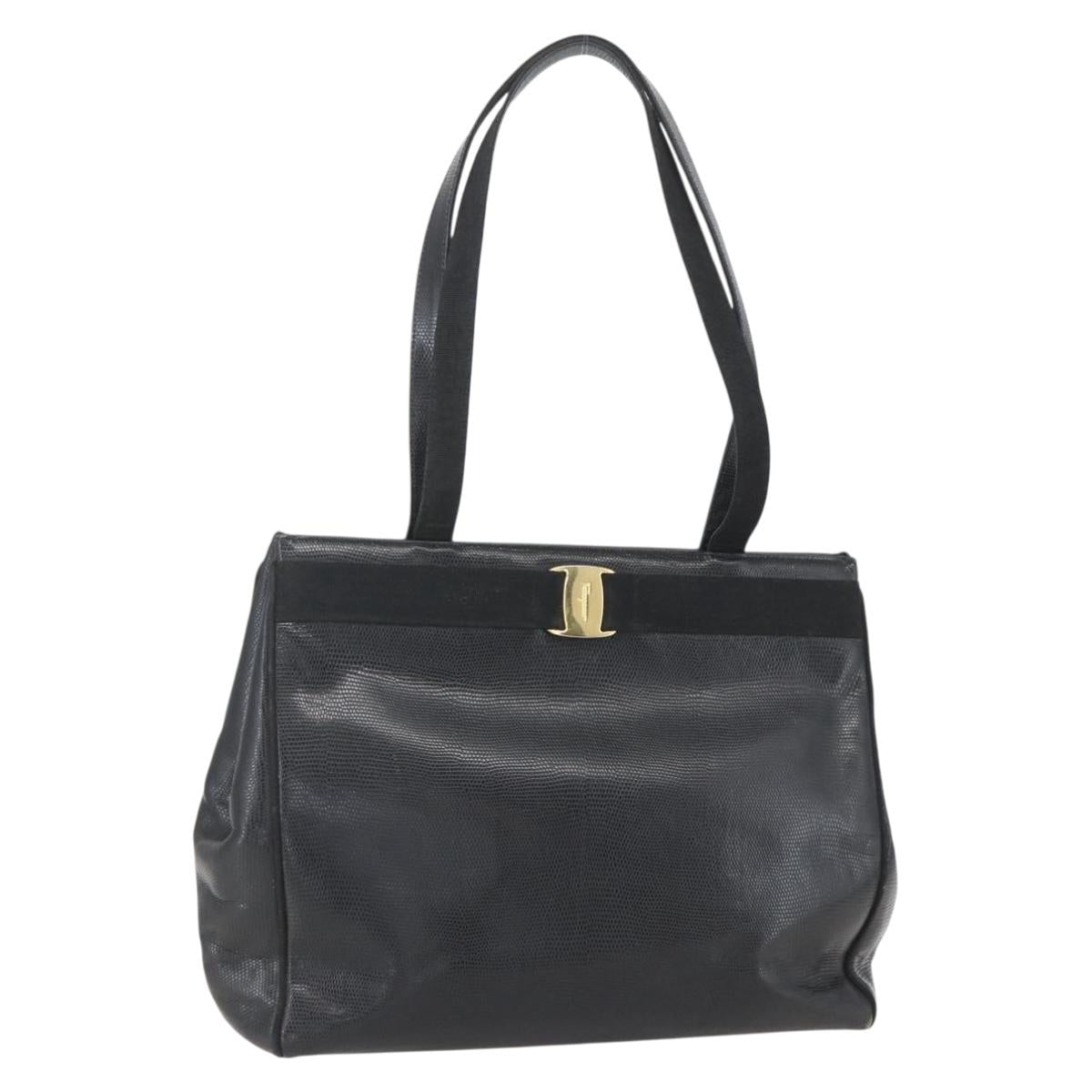 Salvatore Ferragamo Vala Tote Bag Leather Black Gold Auth am10419