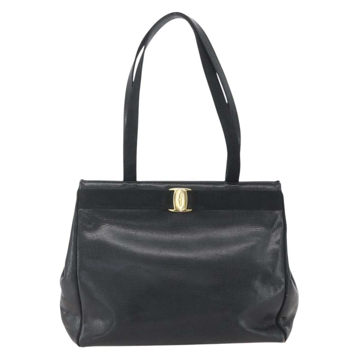 Salvatore Ferragamo Vala Tote Bag Leather Black Gold Auth am10419