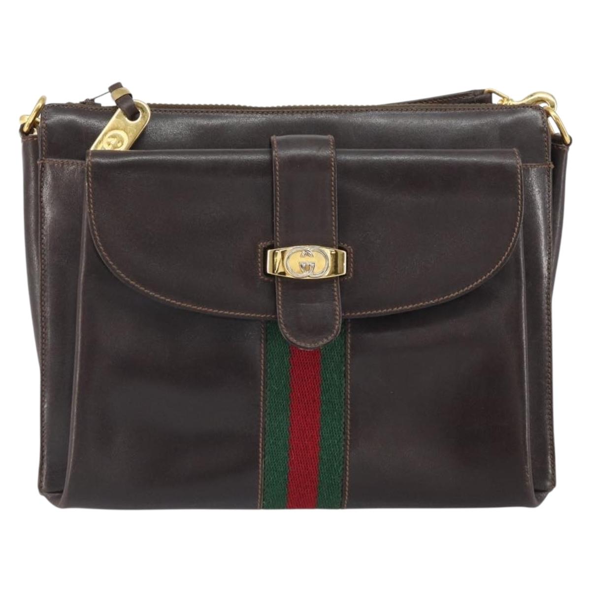 GUCCI Old Web Sherry Line Shoulder Bag Leather Brown Gold Red Auth am10444