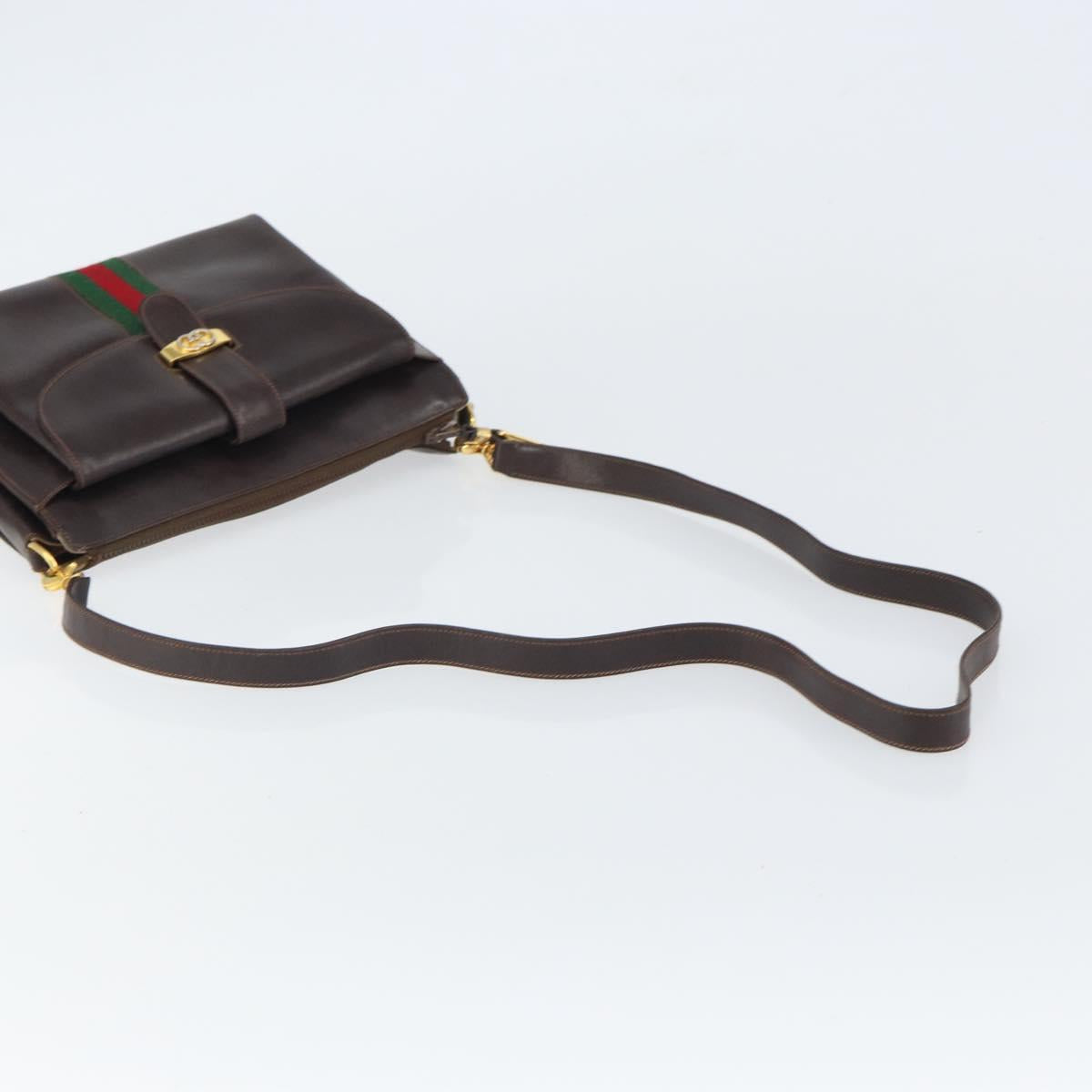 GUCCI Old Web Sherry Line Shoulder Bag Leather Brown Gold Red Auth am10444