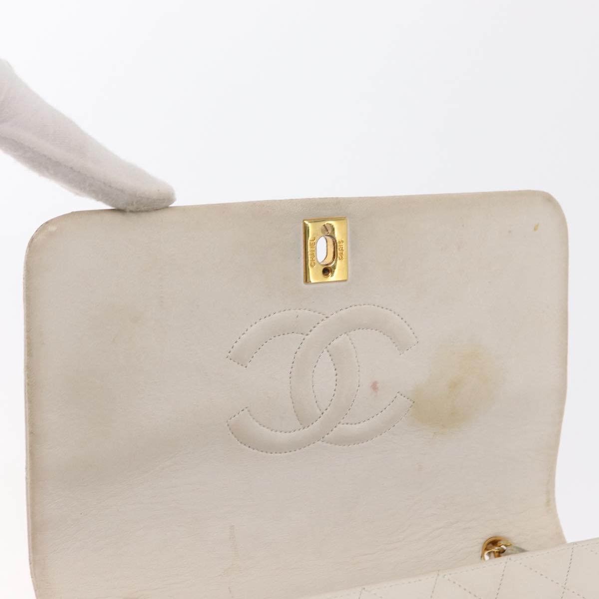 CHANEL Matelasse Turn Lock Chain Bag Lamb Skin White Gold CC Auth am10500