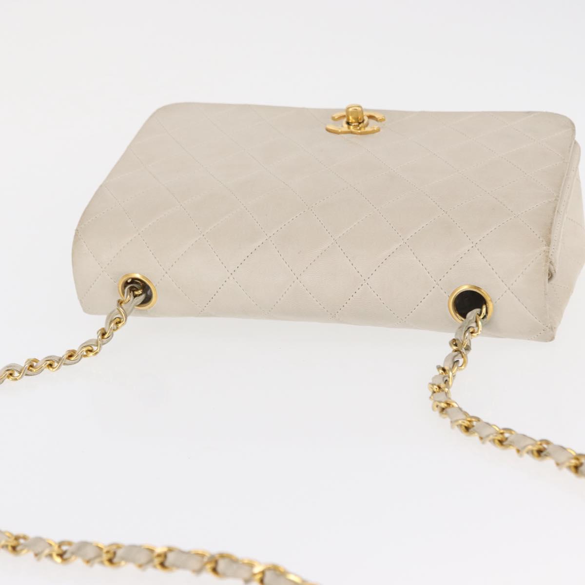 CHANEL Matelasse Turn Lock Chain Bag Lamb Skin White Gold CC Auth am10500