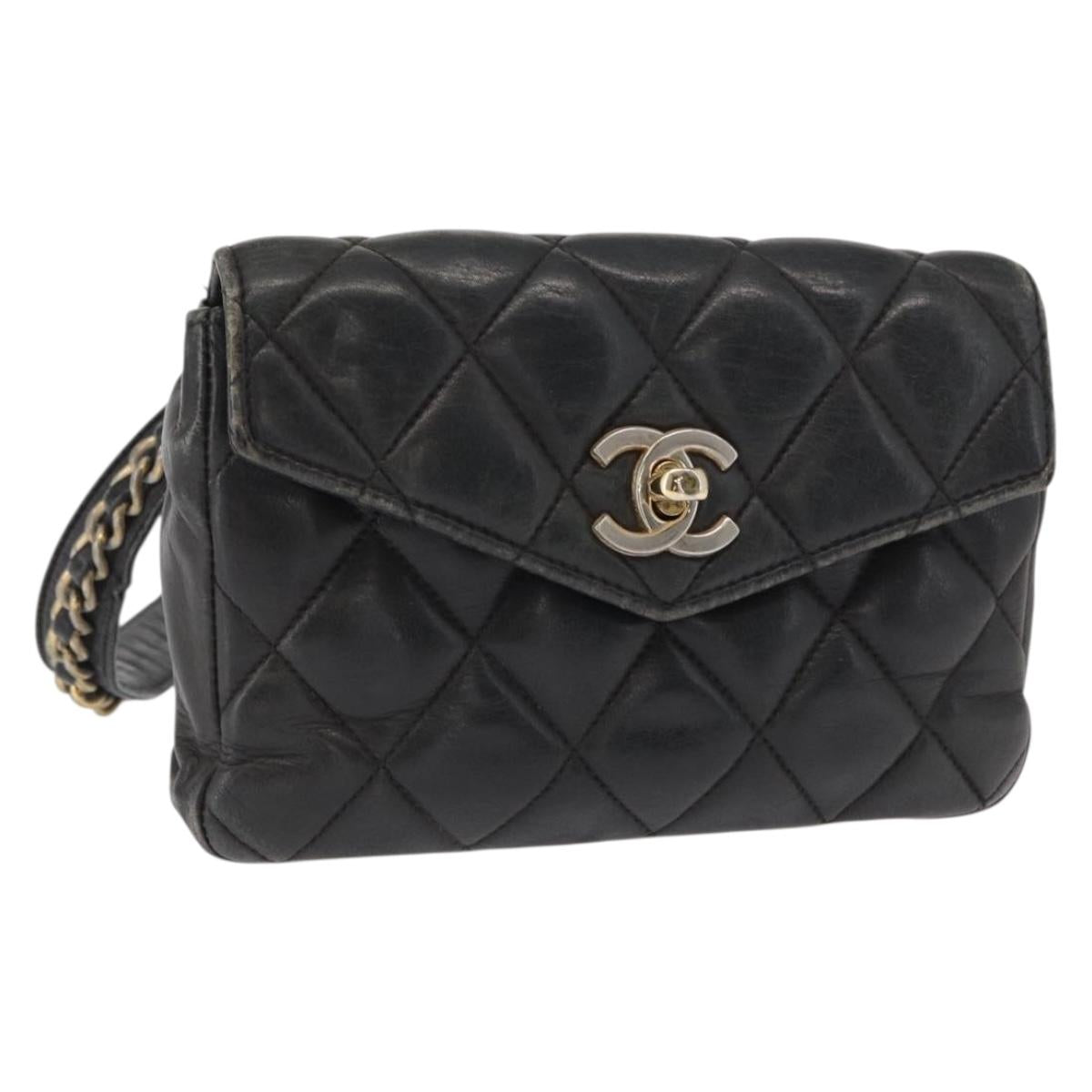 CHANEL Matelasse Waist bag Lamb Skin Black Gold CC Auth am10530