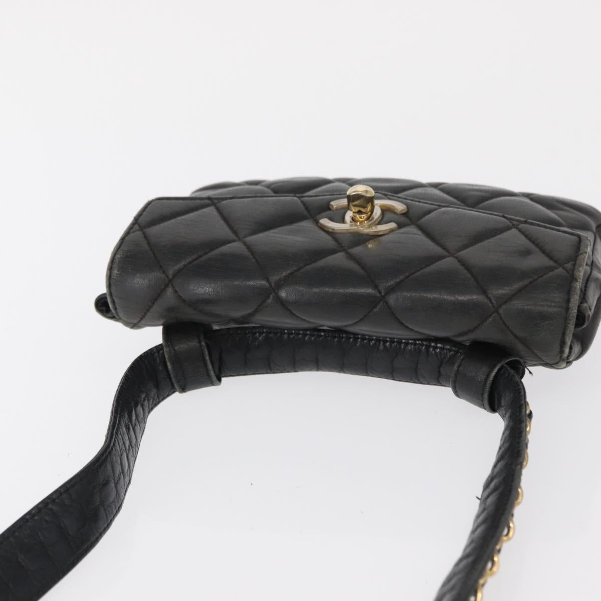 CHANEL Matelasse Waist bag Lamb Skin Black Gold CC Auth am10530