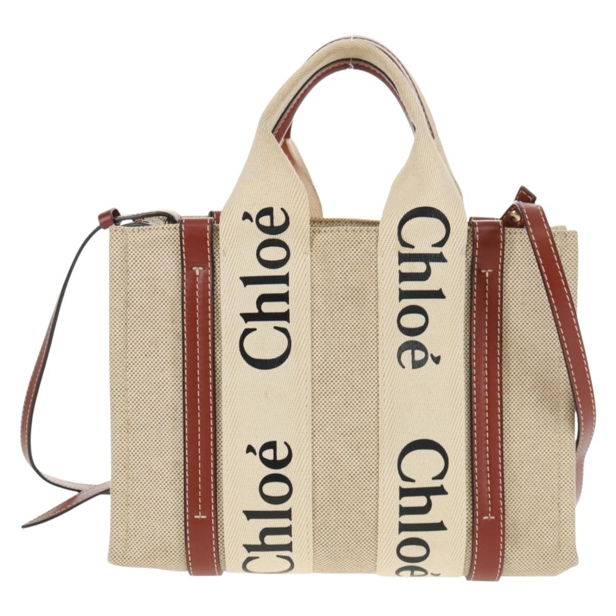 Chloe Woody Hand Bag Canvas 2way Beige Gold Auth am10533V