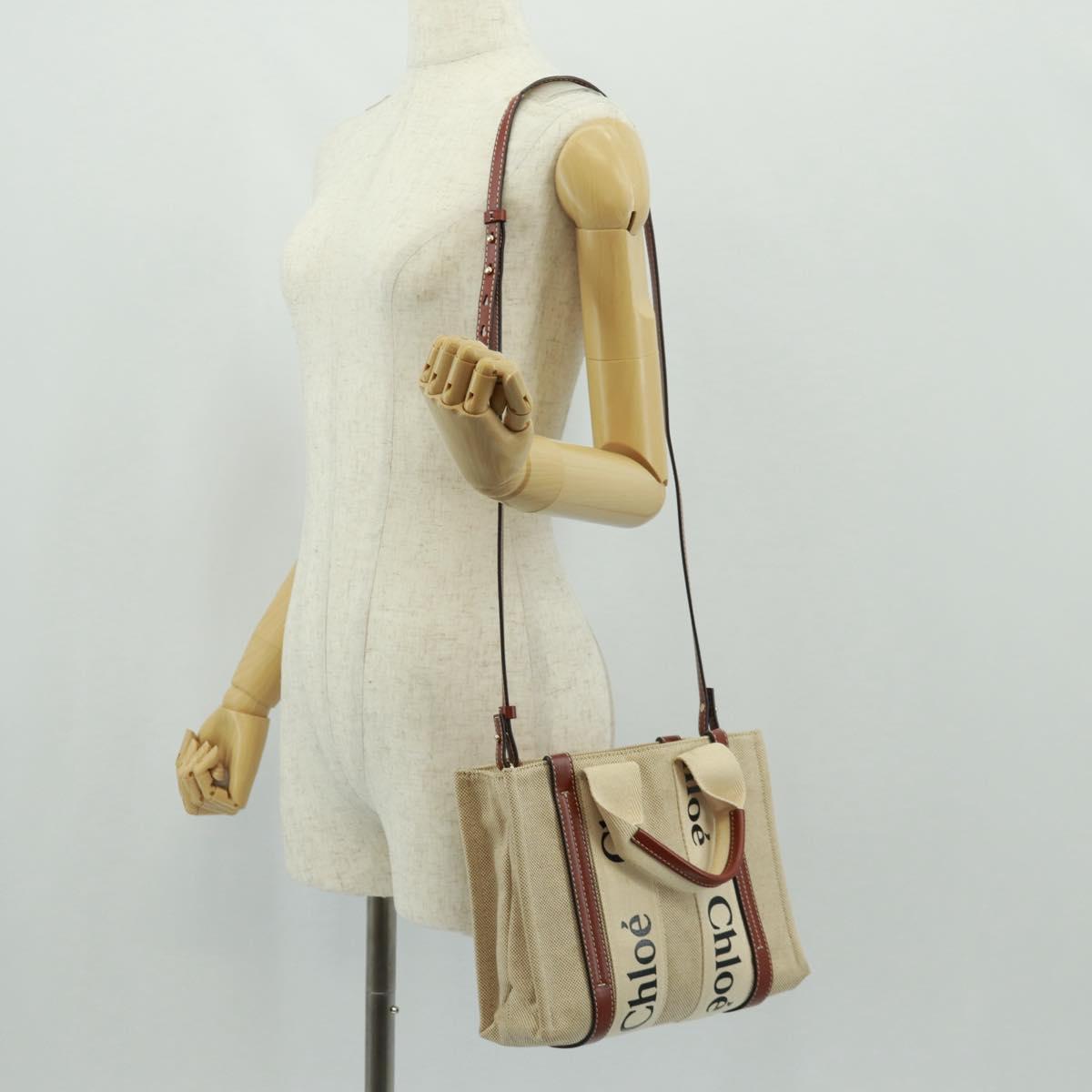 Chloe Woody Hand Bag Canvas 2way Beige Gold Auth am10533V