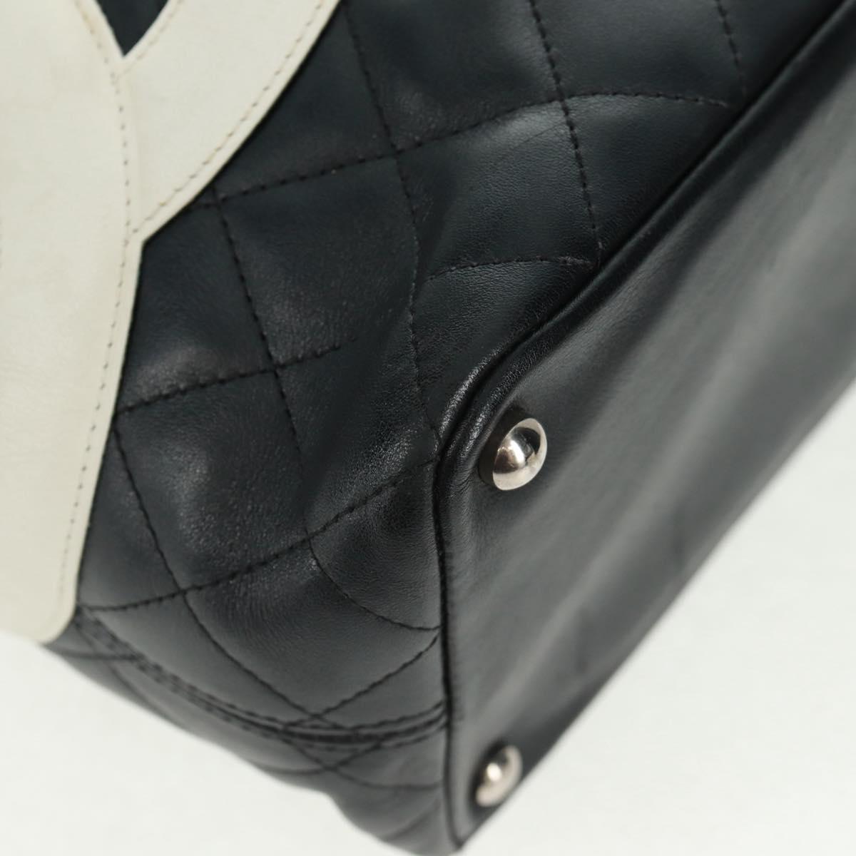 CHANEL Cambon Line Tote Bag Lamb Skin Black Silver CC Auth am10535V