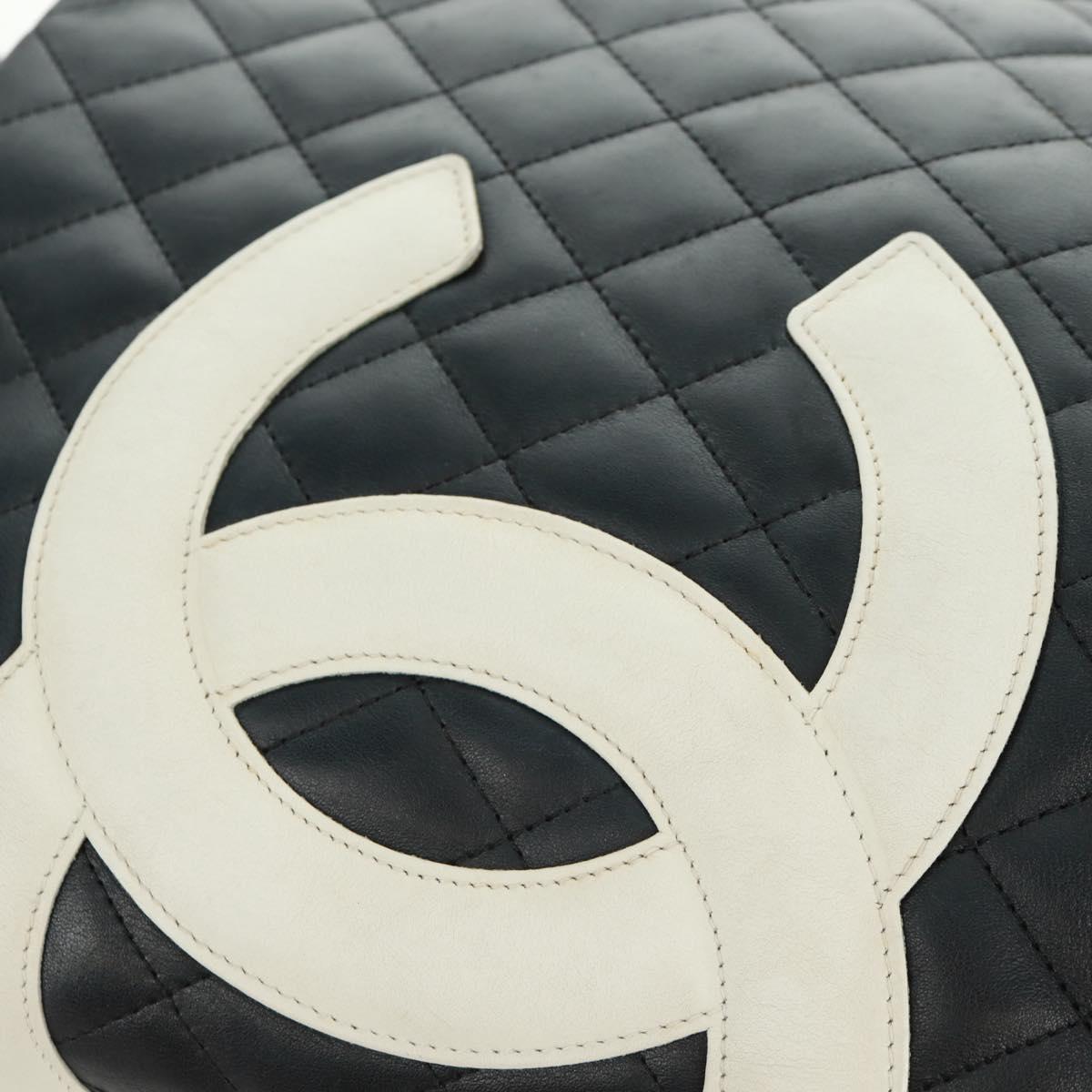 CHANEL Cambon Line Tote Bag Lamb Skin Black Silver CC Auth am10535V
