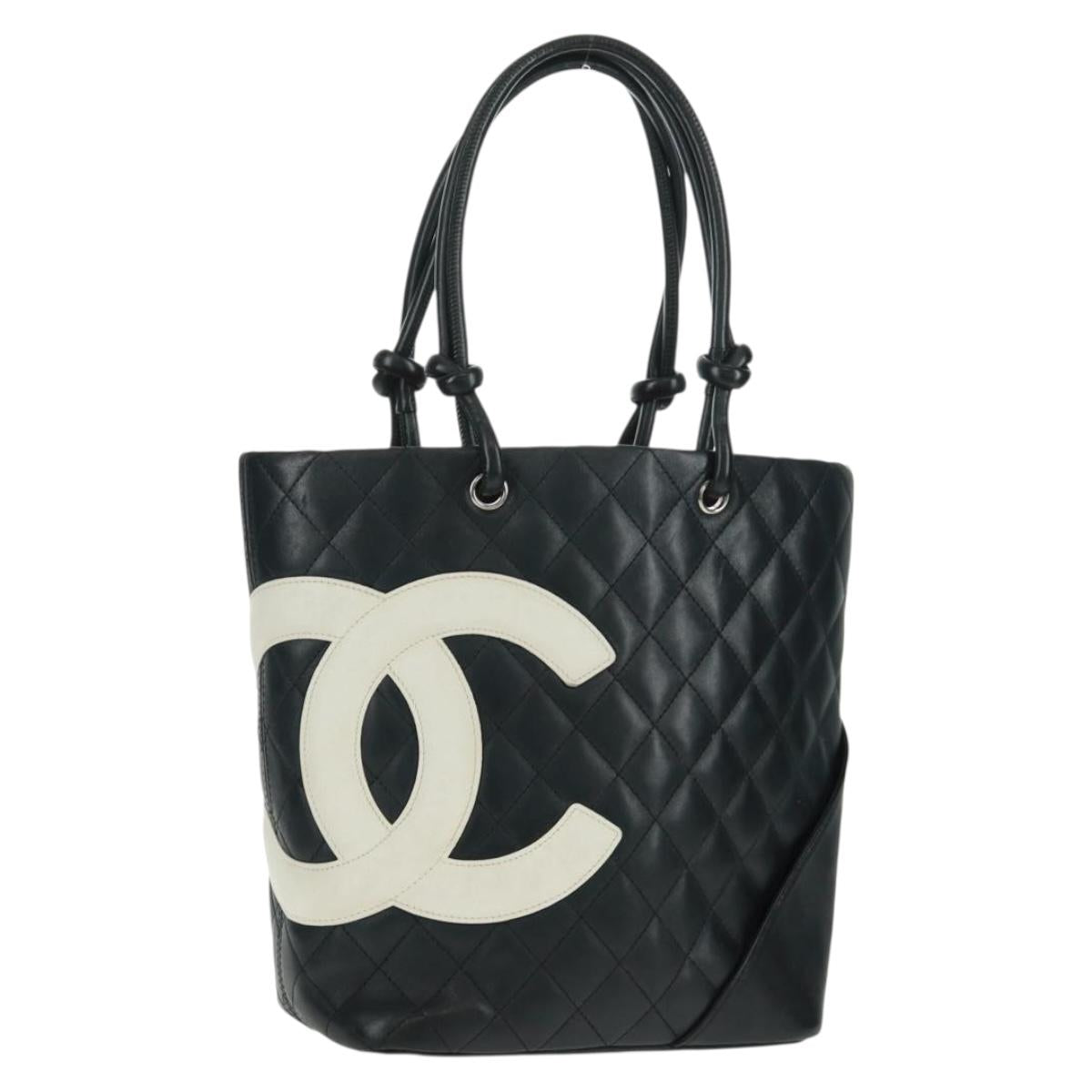 CHANEL Cambon Line Tote Bag Lamb Skin Black Silver CC Auth am10535V