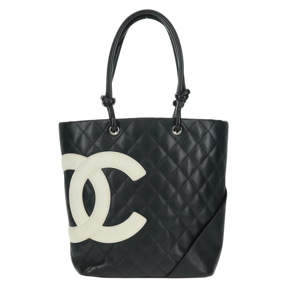 CHANEL Cambon Line Tote Bag Lamb Skin Black Silver CC Auth am10535V
