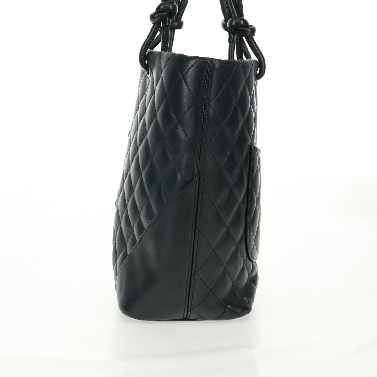 CHANEL Cambon Line Tote Bag Lamb Skin Black Silver CC Auth am10535V