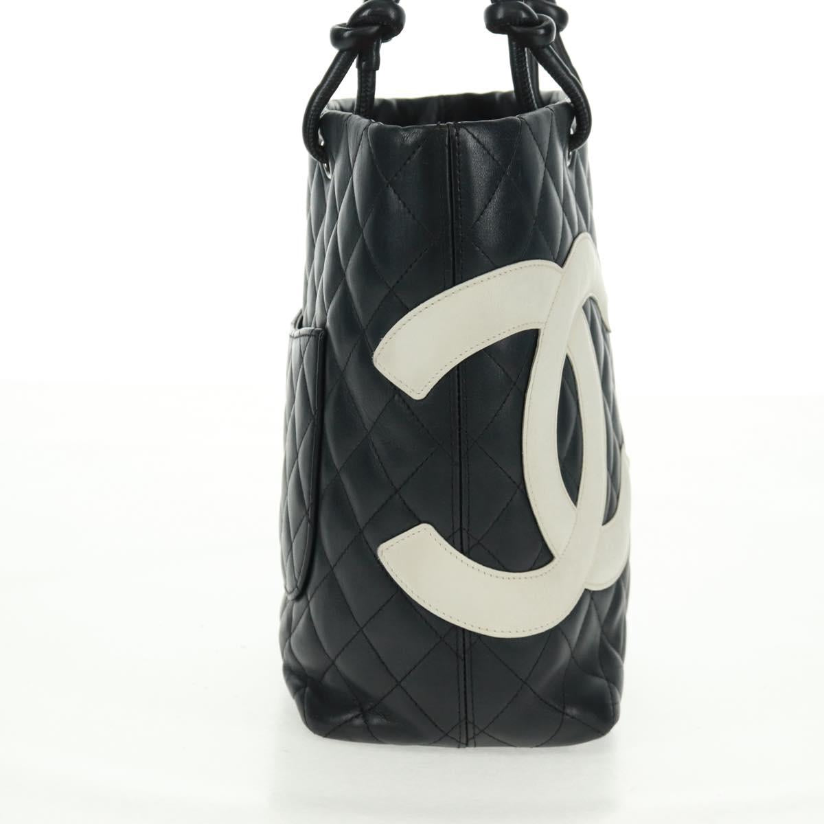 CHANEL Cambon Line Tote Bag Lamb Skin Black Silver CC Auth am10535V