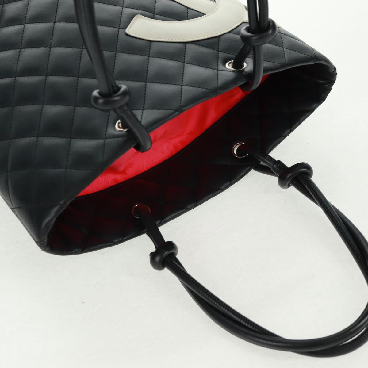 CHANEL Cambon Line Tote Bag Lamb Skin Black Silver CC Auth am10535V