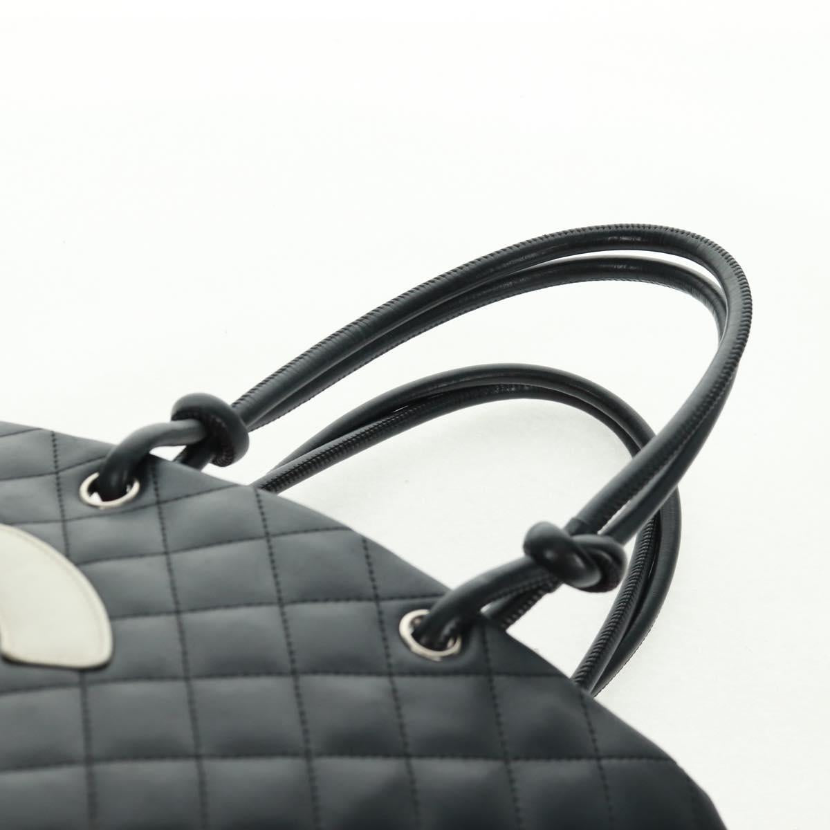 CHANEL Cambon Line Tote Bag Lamb Skin Black Silver CC Auth am10535V