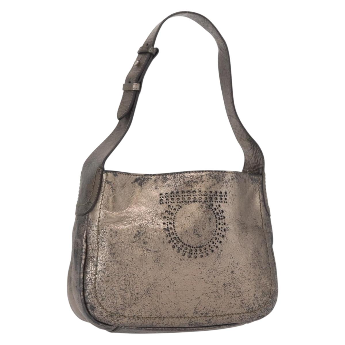 Salvatore Ferragamo Gancini Shoulder Bag Leather Silver Auth am10540
