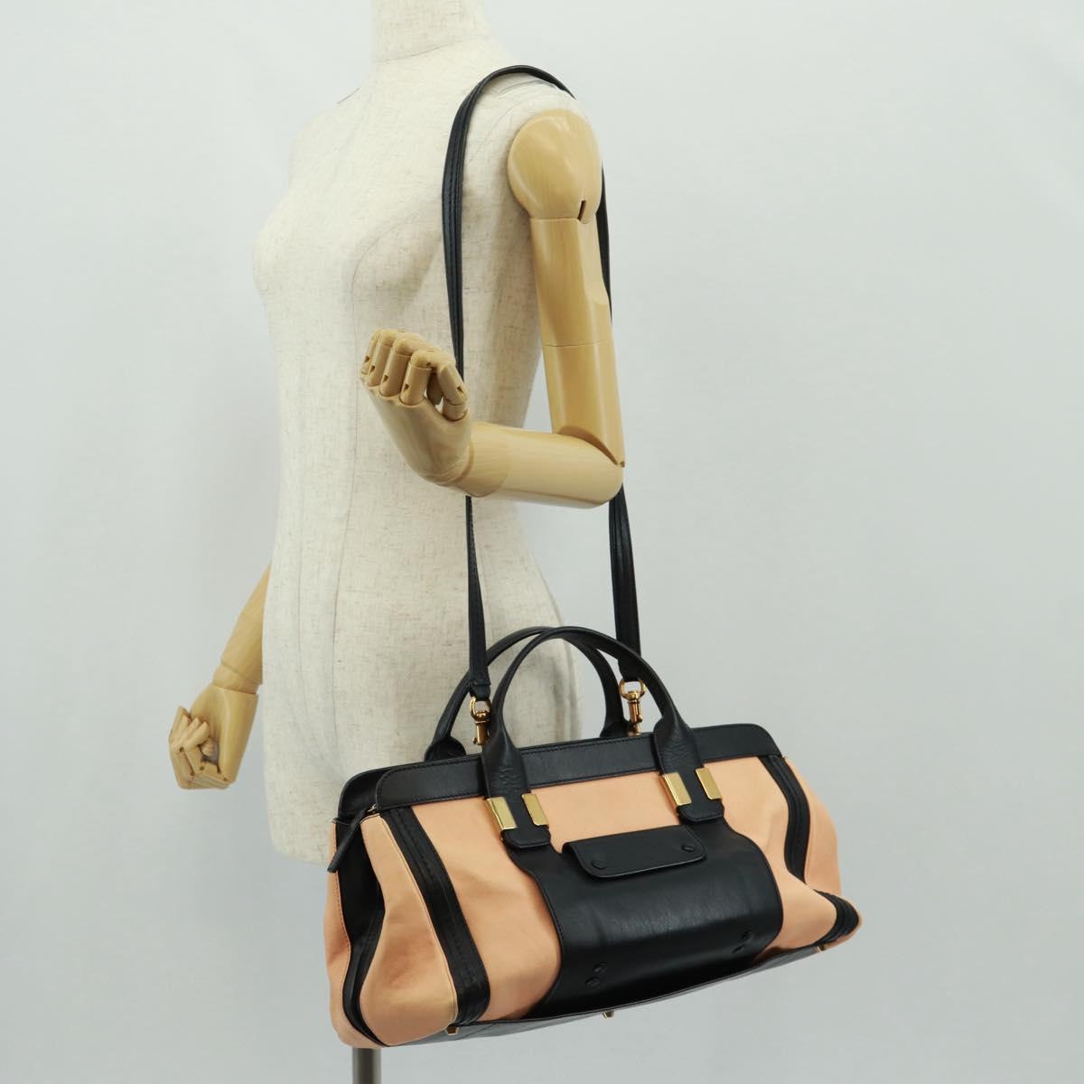 Chloe Alice Hand Bag Leather 2way Beige Black gold Auth am10542V