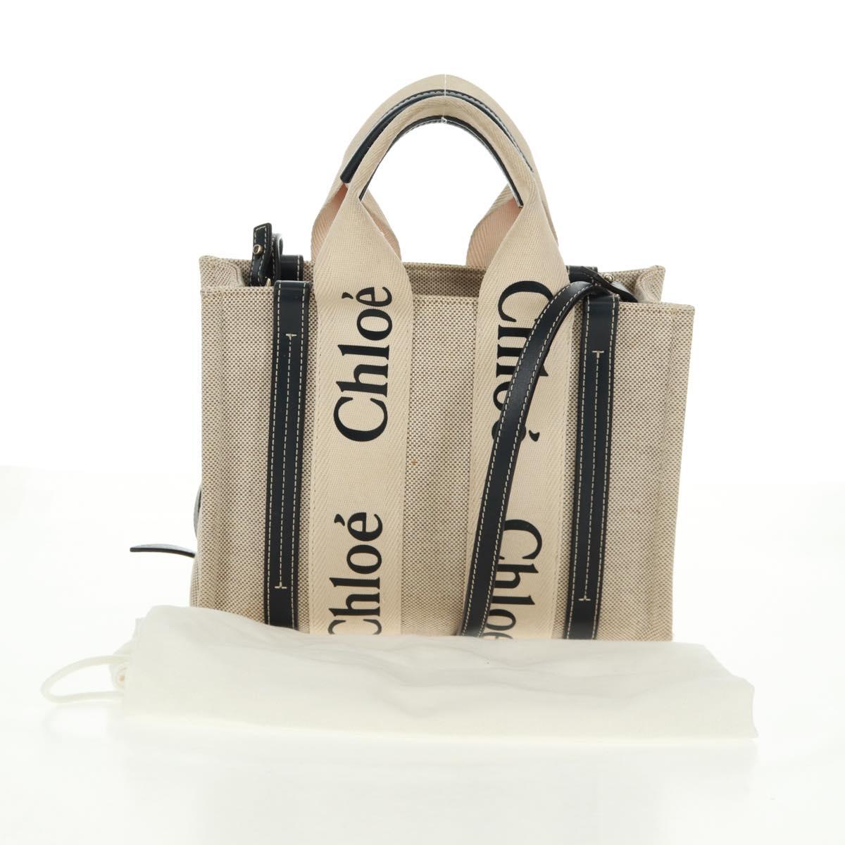 Chloe Woody Hand Bag Canvas 2way Ivory Gold Auth am10546V