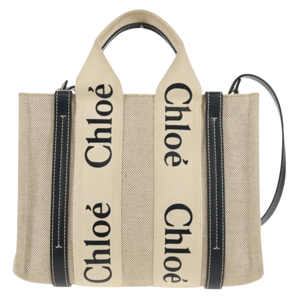 Chloe Woody Hand Bag Canvas 2way Ivory Gold Auth am10546V