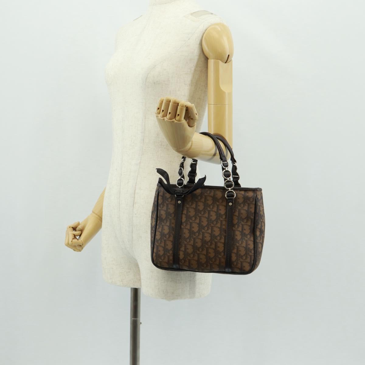 Christian Dior Chain Trotter Canvas Hand Bag PVC Brown Silver Auth am10565V