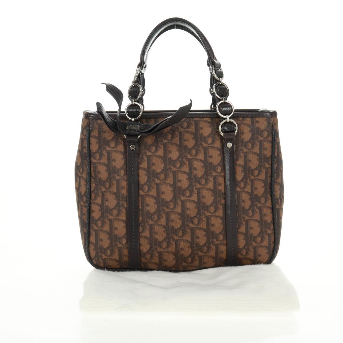 Christian Dior Chain Trotter Canvas Hand Bag PVC Brown Silver Auth am10565V