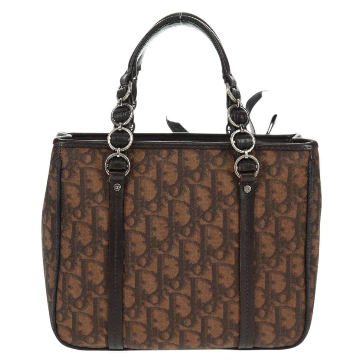 Christian Dior Chain Trotter Canvas Hand Bag PVC Brown Silver Auth am10565V