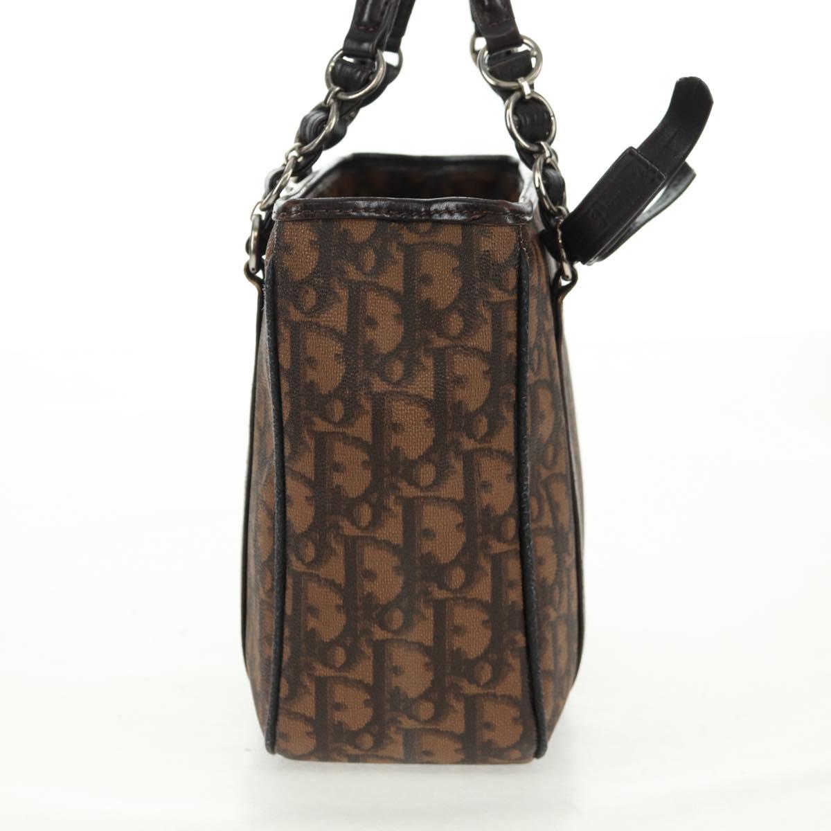 Christian Dior Chain Trotter Canvas Hand Bag PVC Brown Silver Auth am10565V