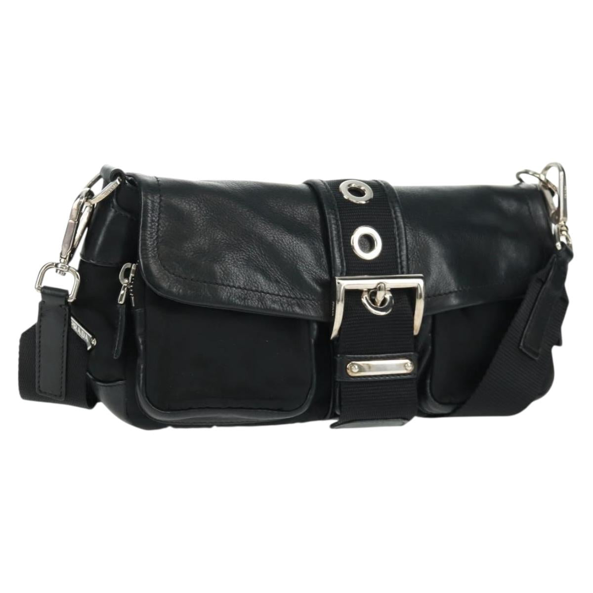PRADA Shoulder Bag Nylon Leather Black Silver Auth am10628V