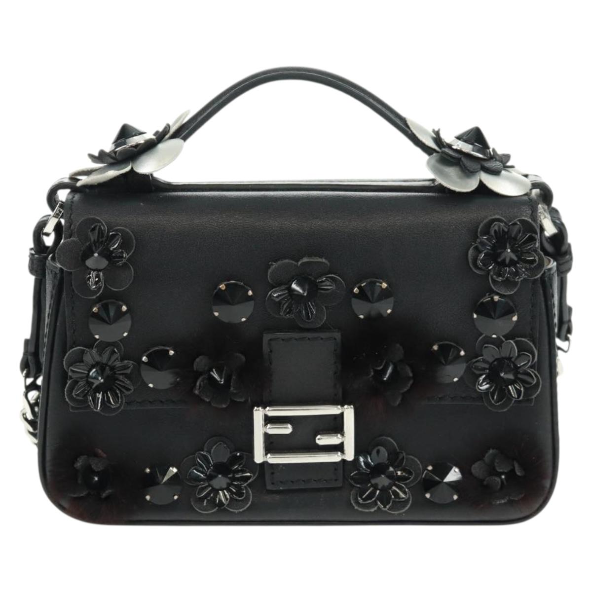 FENDI Double Micro Baguette Chain Bag Leather Black Blue Silver Auth am10649V