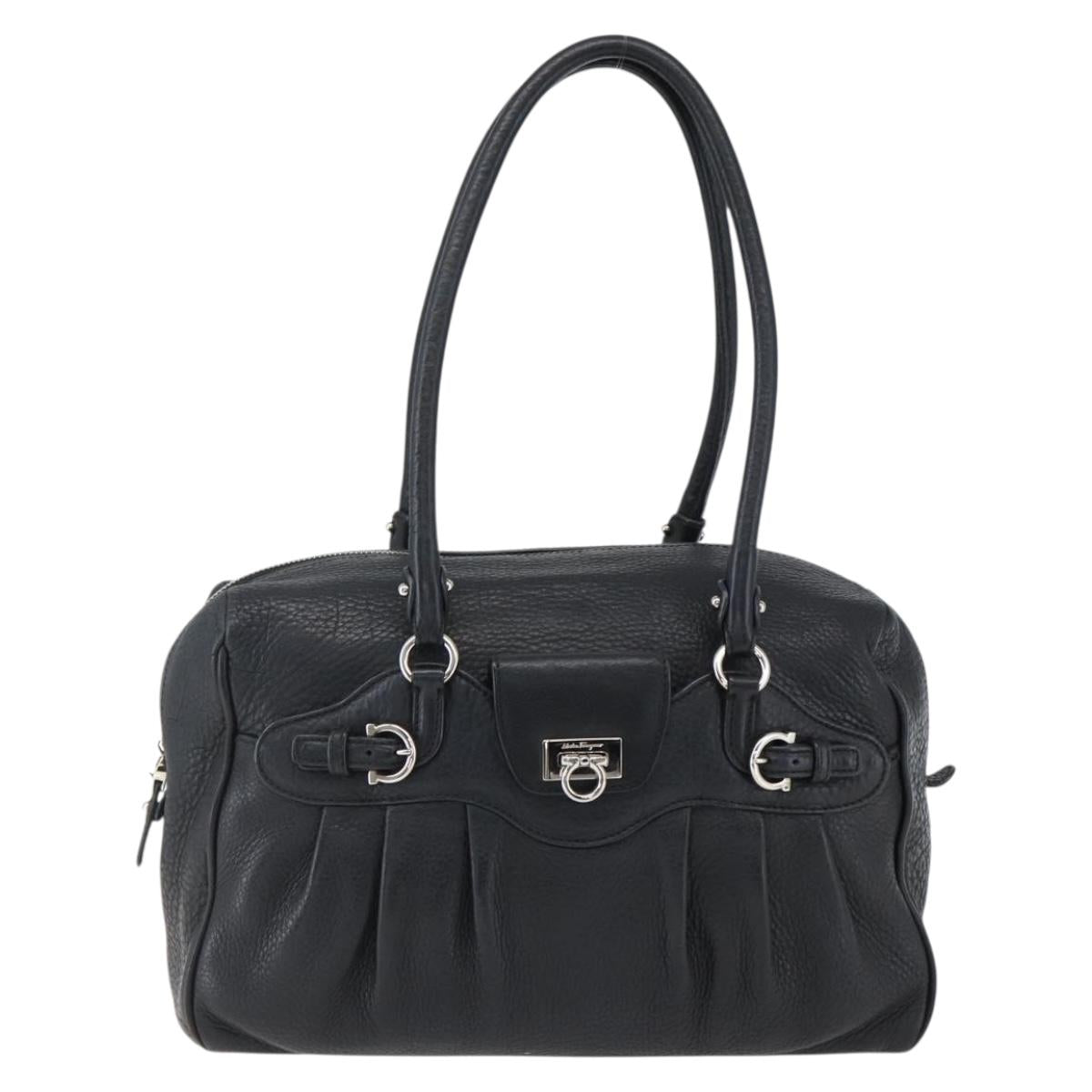 Salvatore Ferragamo Gancini Hand Bag Leather Black Silver Auth am10666
