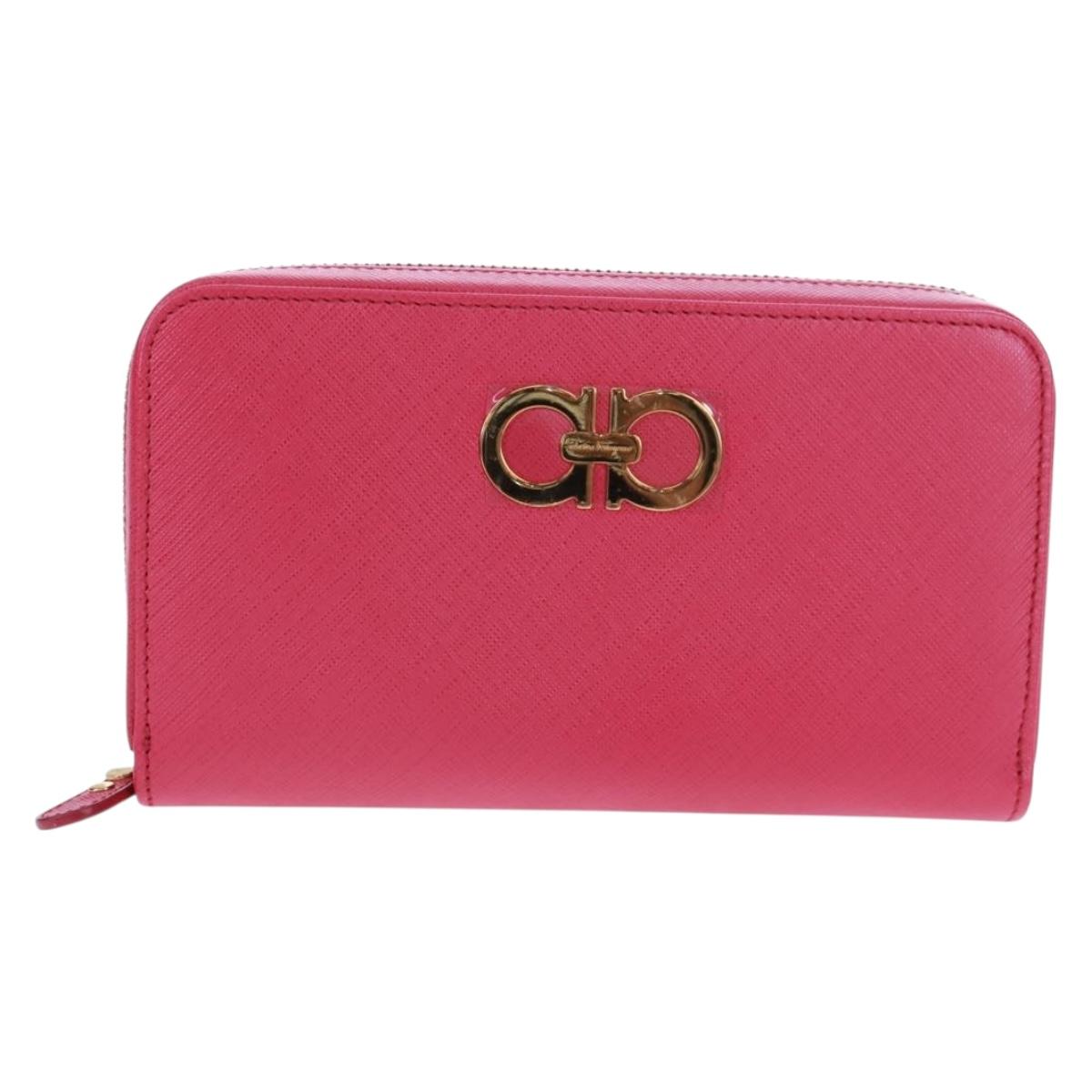 Salvatore Ferragamo Gancini Round Long Wallet Leather Pink Gold Auth am10679V