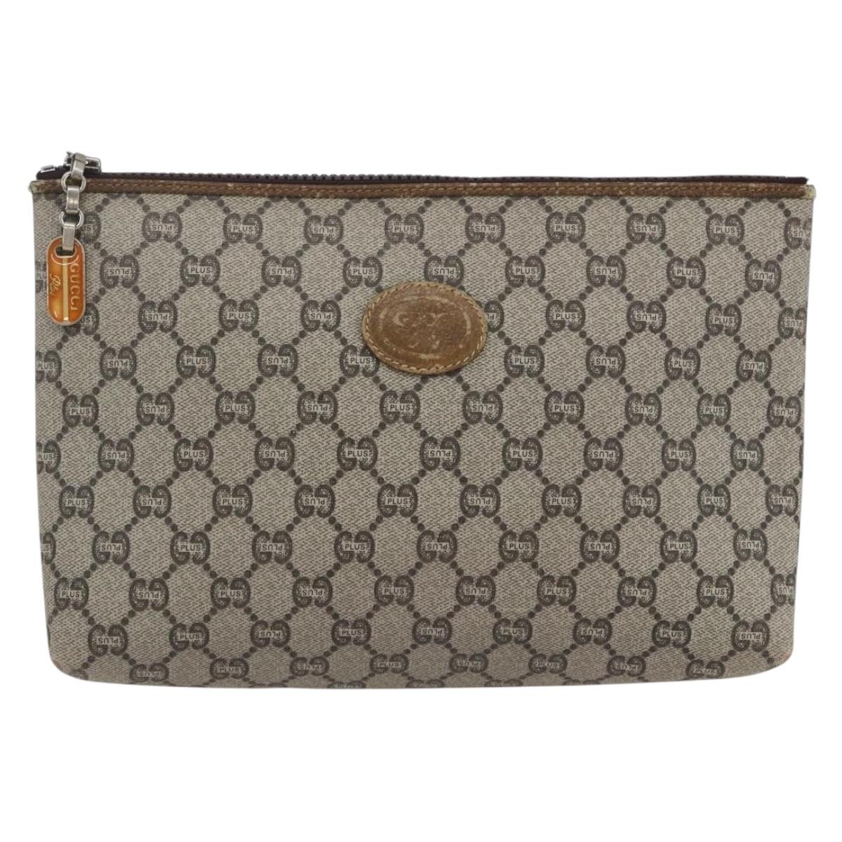 GUCCI GG Plus Supreme Clutch Bag PVC Beige Gold Auth am10687