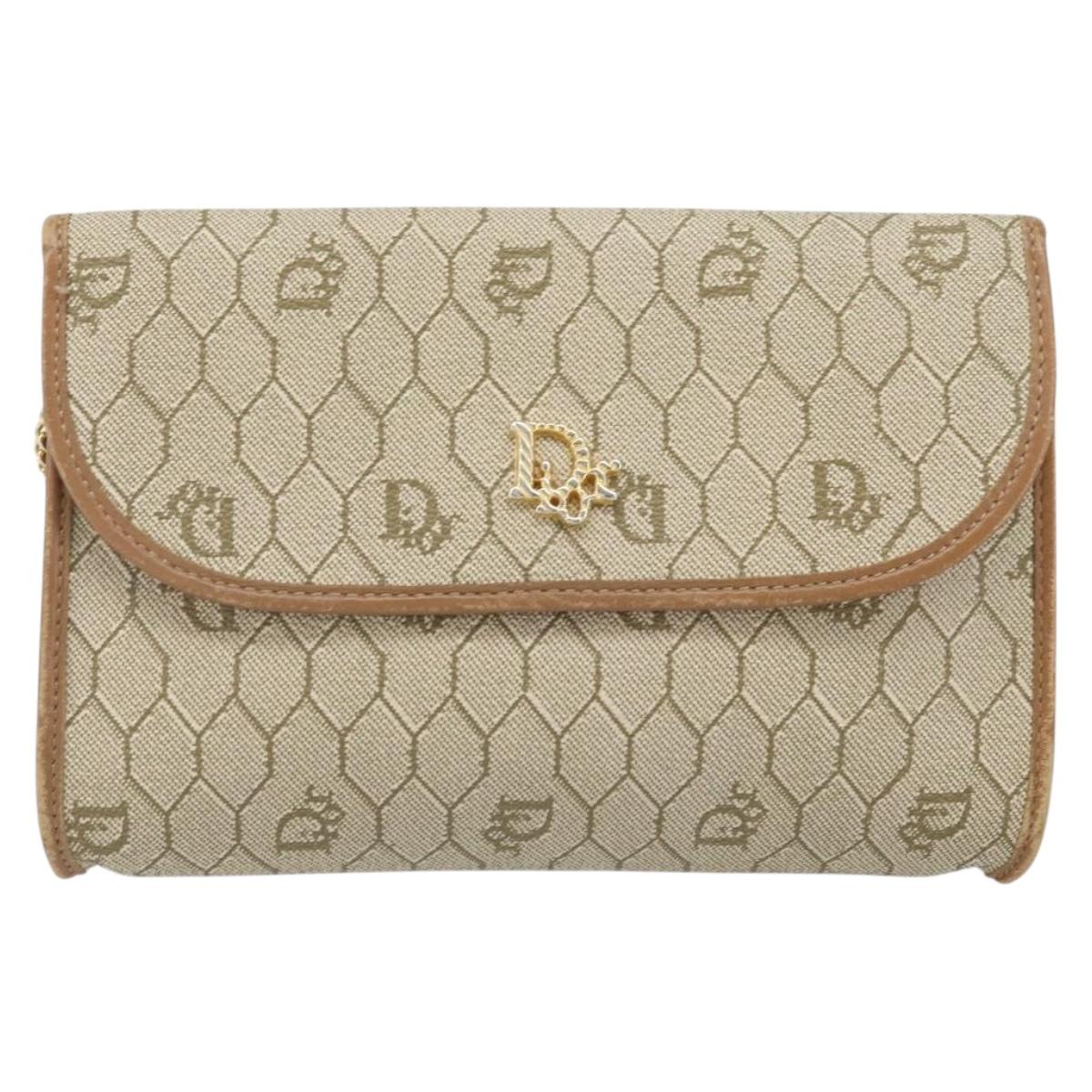 Christian Dior Honeycomb Canvas Chain Shoulder Bag PVC Beige Gold Auth am10688