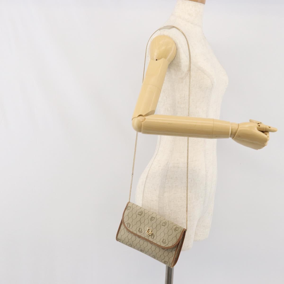 Christian Dior Honeycomb Canvas Chain Shoulder Bag PVC Beige Gold Auth am10688