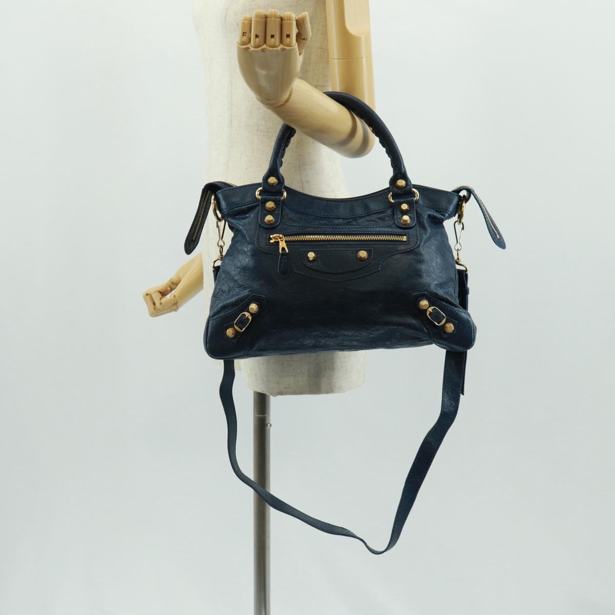 BALENCIAGA Giant Town Hand Bag Leather 2way Blue Gold Auth am10713SAV