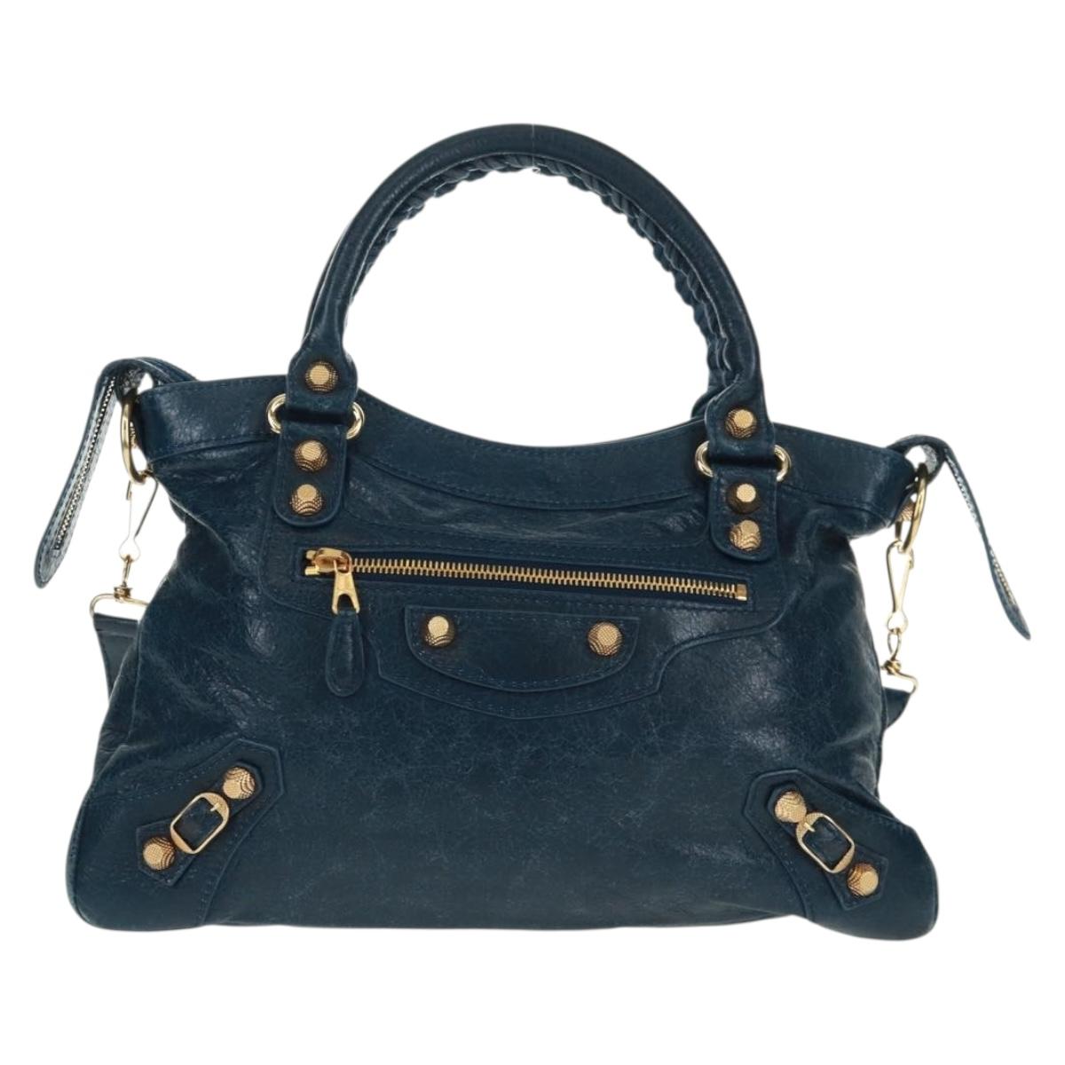 BALENCIAGA Giant Town Hand Bag Leather 2way Blue Gold Auth am10713SAV