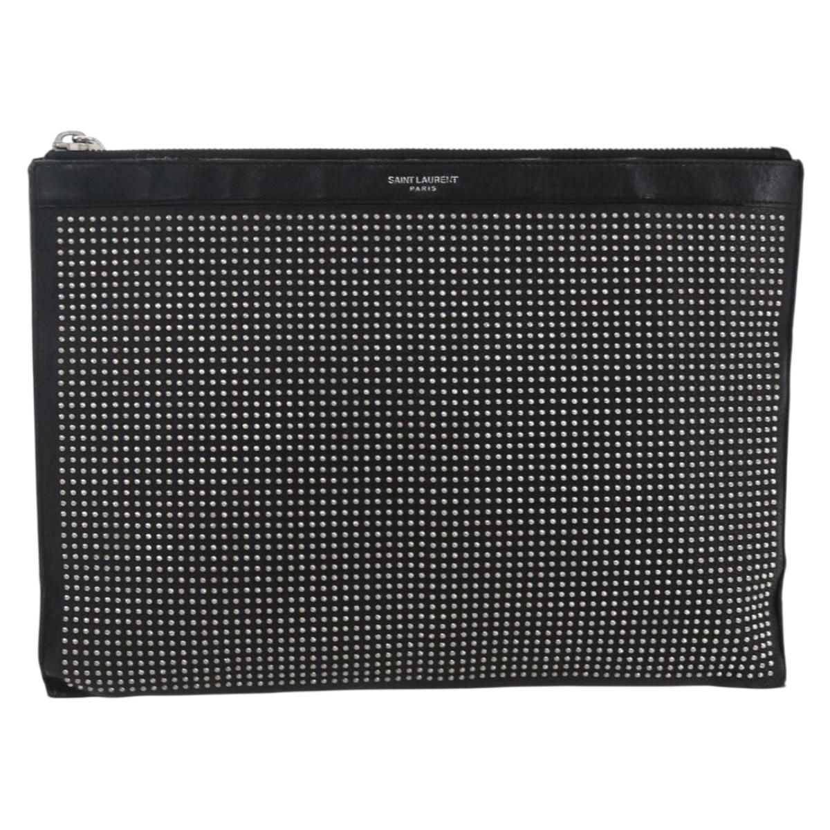 SAINT LAURENT Studs Clutch Bag Leather Black Silver Auth am10722