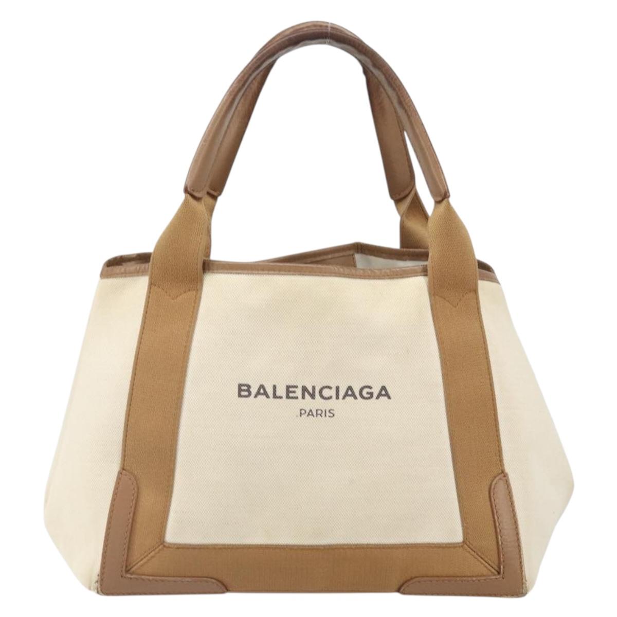 BALENCIAGA Navy Kabas Hand Bag Canvas White Beige 339933 Auth am10755